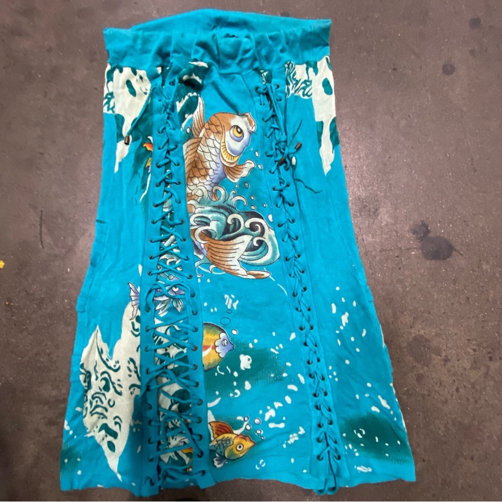 Ed Hardy by Christian Audigier Strapless Koi Fish Lace Up Dress Size L flaw gem